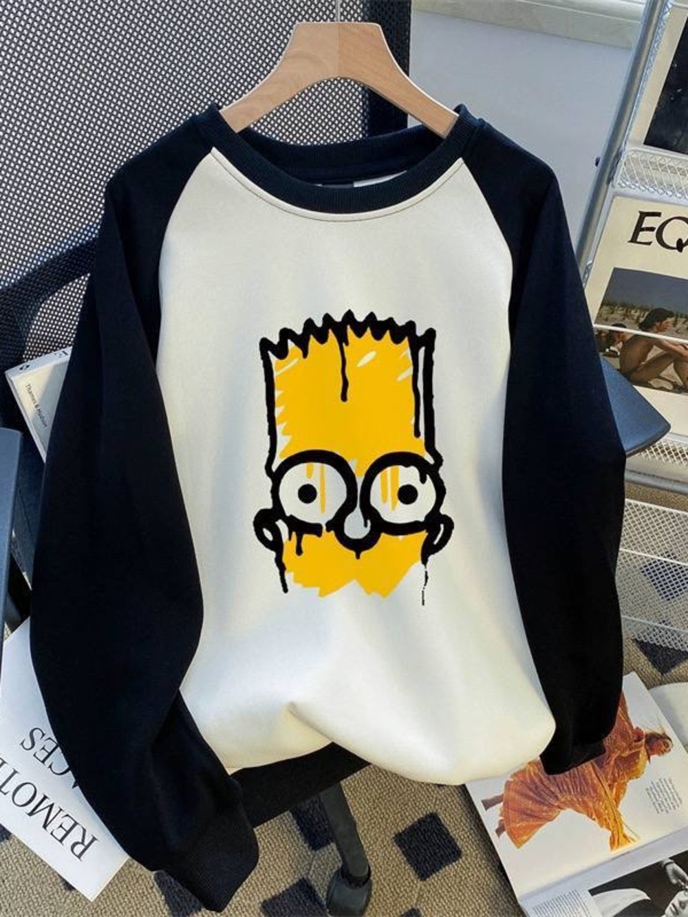 Black & White Raglan Sweatshirt with Yellow Cartoon Face